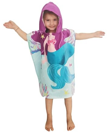Theonoi Kinder Poncho Badeponcho Kapuzenhandtuch/Bademantel Handtuch Duschtuch Strandtuch Badetuch- mit Kapuze für Jungen & Mädchen 100% Baumwolle (Meerjungfrau)