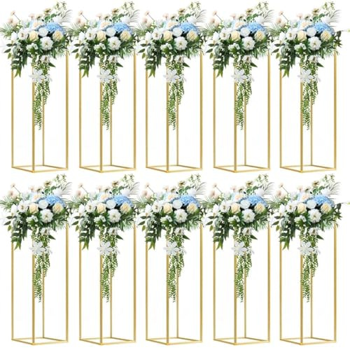 Fitous 10 pcs 31.5inch/80cm High Gold Flower Stand Metal Vase Column Geometric Centerpiece Stands, Wedding Centerpieces Gold Vases Rectangular Flower Display Rack for Wedding, Party Decoration