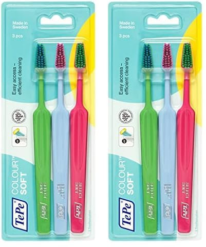TePe Colour Select Soft 2 + 1 – Set de 3 cepillos de dientes – Cepillo de dientes manual de textura suave – Kit de limpieza dental en colores variados (Paquete de 2)