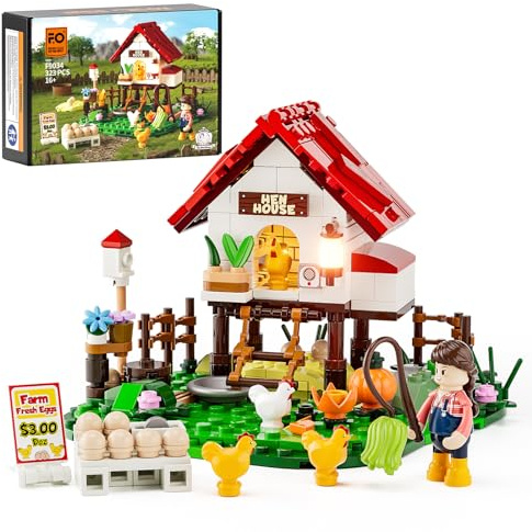 FUNWHOLE Bauernhof Hühnerstall Beleuchtung Bausteine Set - Farm Leben Hühnerstall und Tier Sammlung LED Licht Konstruktionsbausatz 323 Teile für Erwachsene und Teenager
