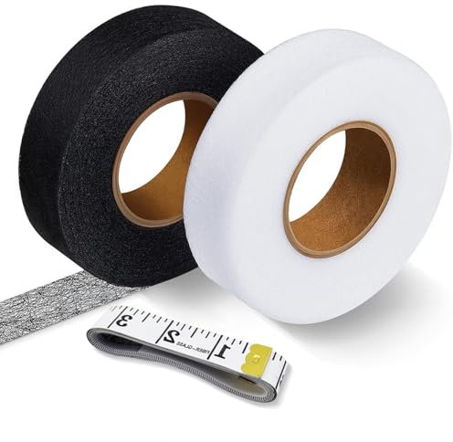 2 Pack Saumband zum Aufbügeln 64m Länge und 20mm Breite Nahtband zum Aufbügeln Waschfest Stoffklebeband Klebeband zum Aufbügeln mit Maßband zum Reparieren von Kleidung Vorhänge Stoff Schwarz und Weiß