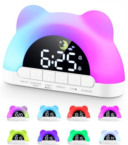 Sveglia Bambini, sveglia digitale da comodino con 10 Suoni, 11 Colori RGB Lampadina, 2 Sveglie e Modalità Snooze, Sveglia da Comodino Bambino per Bambina e Bambino