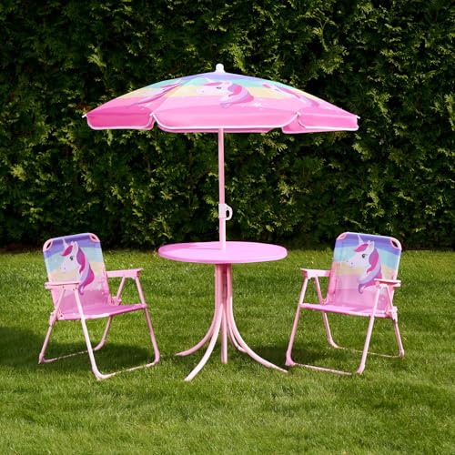 OHS Kids Table and Chairs Sets, Kids Garden Furniture Table and 2 Chairs with Parasol Outdoor Table and Chairs for Playtimes Balcony or Poolside Garden Bistro Set for 2, Pink - Unicorn