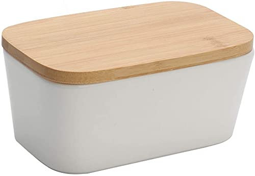 Mantequera de madera gruesa de 16,5 x 10 x 7,5 cm, de porcelana, con tapa, caja de almacenamiento de queso para cocinar o cenar