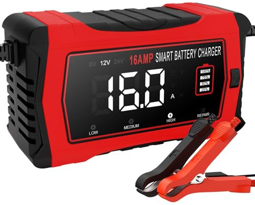 Cargador de batería de 16 amperios, 12 V 24 V de litio LiFePO4 de plomo ácido, cargador de batería de coche de 10 etapas, mantenedor inteligente de batería con compensación de temperatura para coche