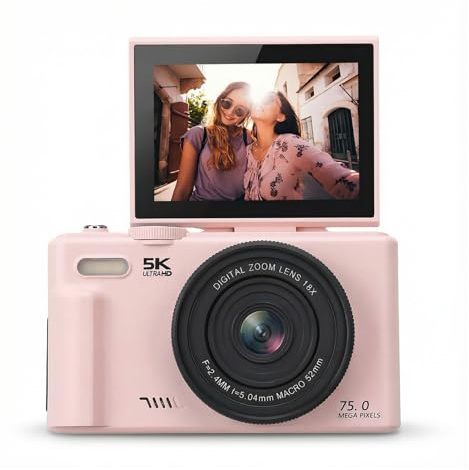 5k Digitalkamera für Fotografie, FHD WiFi 75MP Vlogging -Kamera, 3 Zoll 180 ° Flip -Screen Autofokus Kompaktkameras mit 18 -facher Zoom (Pink)