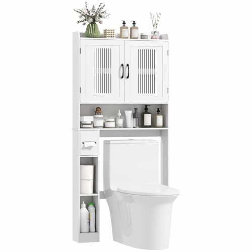 HOMCOM Estantería sobre Inodoro Mueble sobre Inodoro con Estante Ajustable 2 Puertas Soporte para Papel Higiénico y Estantes Abiertos Ahorra Espacio Armario para Lavadora para Baño Blanco
