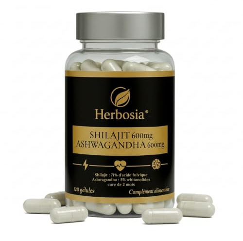 HERBOSIA Shilajit 600 mg + Ashwagandha 600 mg – Complément Ayurvédique Origine Himalaya | 71% Acide Fulvique & Oligo-Éléments Naturels | Énergie, Vitalité & Anti-Stress | 120 Gélules