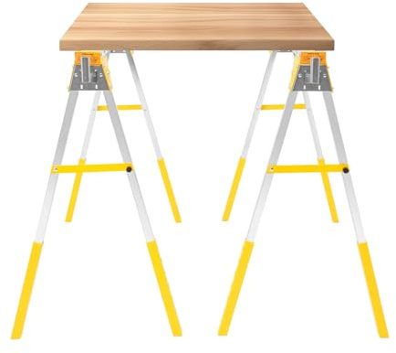 2 Pcs Saw Horse Twin Pack, Folding Saw Horse Saw Horse Pair mit 4 Hooks 1200Kg Weight Capacity Adjustable Legs, Log Workbench Suitable for Warehouses, Factories, Logging Sites (Yellow)