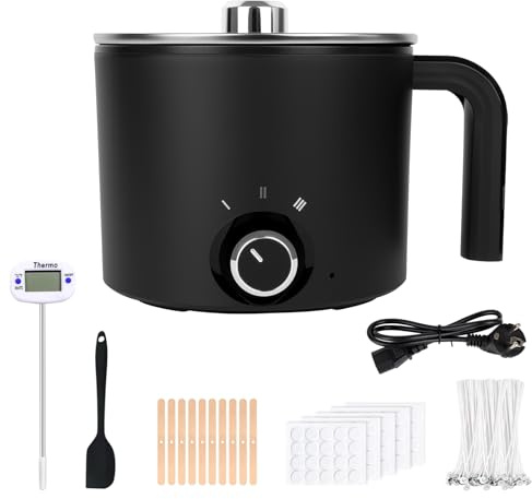 Orifesio Olla fundidora eléctrica de cera 1.8L, derretidor de cera eléctrico para hacer velas y jabón, juego de bricolaje de velas con olla de fusión de cera, termómetro, 100 mechas para velas, negro