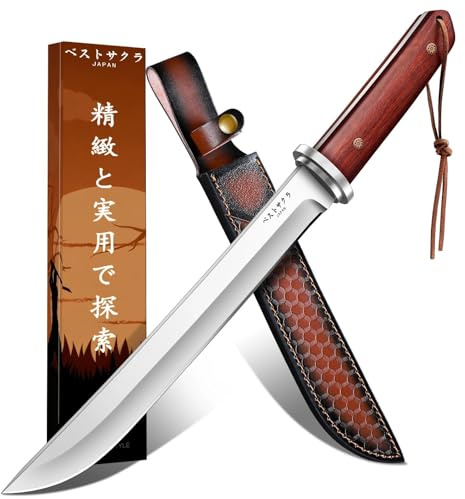 Japaknives Coltello outdoor Tanto Giappone Full Tang 5 mm di spessore con fodero in pelle Manico in palissandro Coltello giapponese per sopravvivenza e campeggio Regalo per uomini