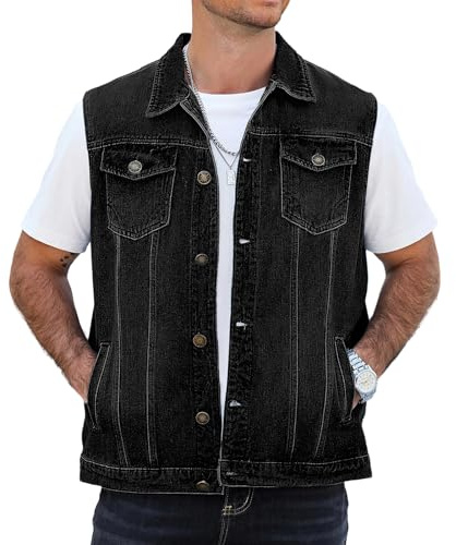 LBDLONGBIDA Men's Denim Vest,Slim Fit Sleeveless Jacket Vintage Casual Summer Jean Vest for Men, Black, XXL