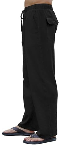 Yutdeng Pantalon Lino Hombre Verano Pantalones Largos Cintura Elastica Cordón Pantalones Anchos Frescos con Bolsillos Casual Playero Largo Pantalón de Lino Algodon Hombre Linen Pants Men