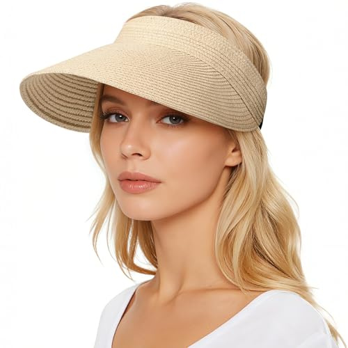 YEAMLTE Visiera Paglia Donna, Visiere Ripiegabili Cappelli, Visiera Donna, Spiaggia da Mancare UPF 80+, Visiera Donna da Sole, per Le Vacanze Estive al Mare, i Viaggi e i Picnic (Beige)
