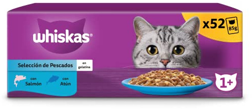whiskas Comida Húmeda en Gelatina para Gatos Adultos Selección Pescados 13 x 4 bolsitas x 85g