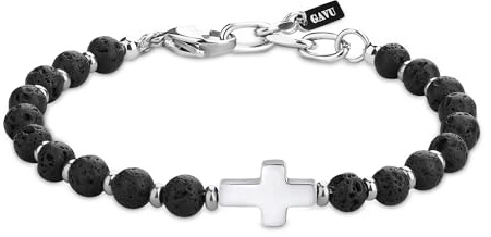 GAVU Pulsera de Cruz para Hombre con Cuentas de Piedra de Lava Natural, Regalo de Confirmación para Hombre
