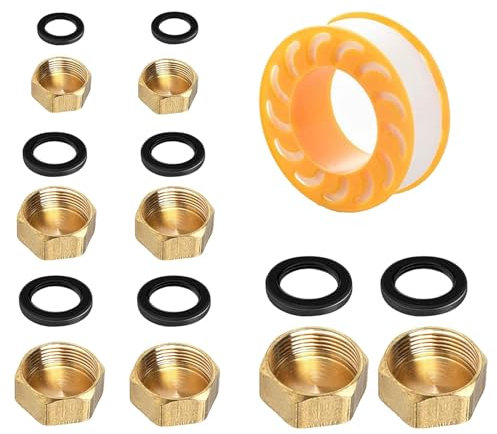JDCMEI 8 Stück Messing Kappe, Ausflssverhinderer Blindstopfen 3/4 Zoll Gewindekappe Messing mit Gummi Unterlegscheiben und Rohmaterialband für Heizung und Trinkwasseranlage Geeignet (4 Größe)