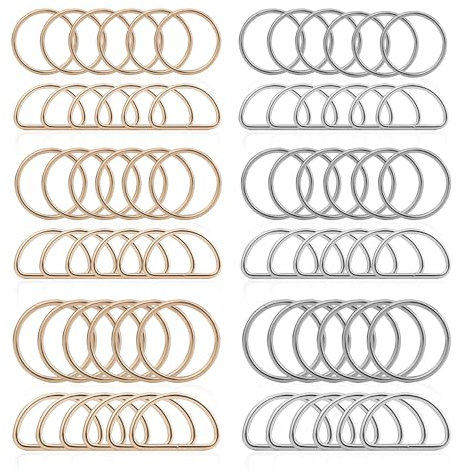 Roosea 72 Stück Runde Karabiner, Schlüsselanhänger Ringe, Halbrunder D-Ring und O-Ring Taschenringe Silber Gold Taschenzubehör für Tasche Schnalle Gurte 20mm 25mm 32mm