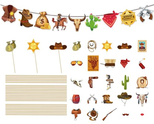 25 Pezzi Di Oggetti Di Scena Per Foto Da Cowboy, 1 Set Di Bandiere Da Cowboy, Stile Cowboy Da Uomo, Oggetti Di Scena A Tema Per Feste Da Cowboy, Decorazioni Per Feste