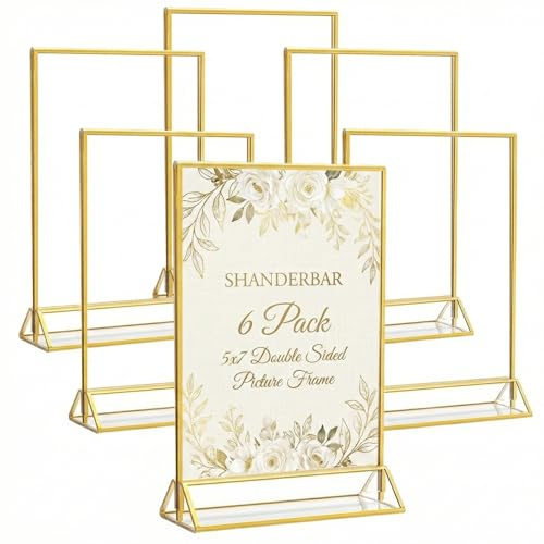SHANDERBAR 6 Pack 5x7 Acrylic Sign Holder with Gold Borders, Double Sided Gold Picture Frames Clear Display Stands for Table Numbers, Menus, Photos, Weddings, Parties, Restaurants & More