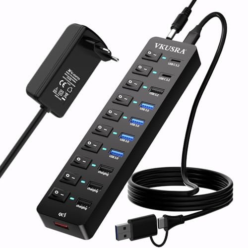 Hub USB 3.2 Alimentado, VKUSRA 11 Puertos USB Hub 3.2 con 10Gbps USB-A 3.2 y USB-C 3.2, 4 Puertos USB 3.0, 4 Puertos Carga Rápida, Hub USB C con 120cm 2-en-1 Cable Datos y Adaptador de Corriente 48W