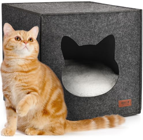 ReaVET Miezen-Koje Casa para gatos – Cueva para gatos de fieltro con cojín para gatos, extra suave y mullida, cama para gatos apta para estantería de 33 x 33 x 33 cm, espacio para dormir para gatos