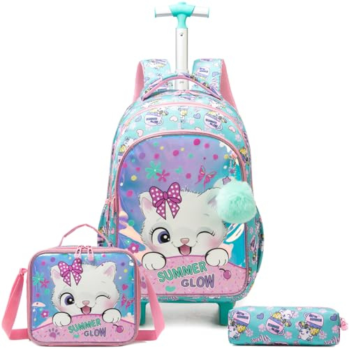 Egchescebo Kids Rolling Backpack for Girls Trolley Suitcases Luggage Travel with Wheels Bookbag Wheeled 17 3PCS Roller Backpacks Toddler Back Pack School Bags Set for Elementary Cats Phantom Color
