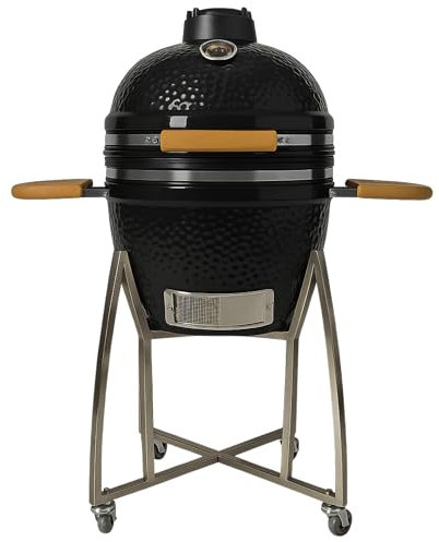 Kamado, barbecue giapponese in ceramica, diametro 46 cm, tavolini pieghevoli, ruote, carbone, termometro incorporato, manico in legno, colore nero, ideale per giardino, terrazza, campeggio