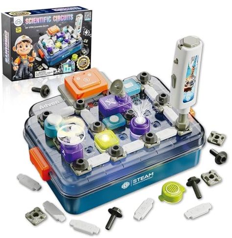 Kit Electrónico para Niños Desde 3 Años, Set Explorador con 58 Piezas + Taladro Eléctrico, Juguete Educativo Stem con Estación de Trabajo de ABS - Regalo Ideal para Jardín Infantil y Hogar