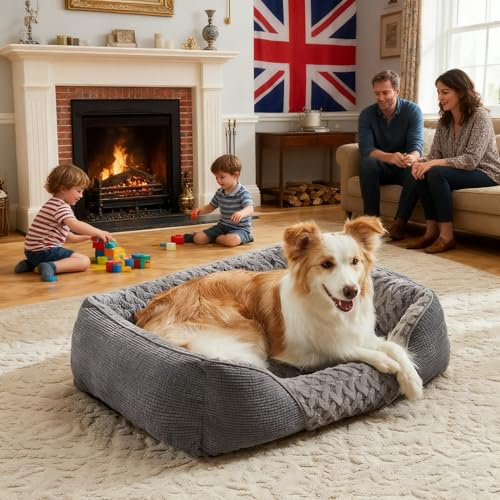 Heymamba Medium Dog Bed Mixed Filled with Large Particle Memory Sponge and Cotton, Machine Washable Dogs Sofa Bed and Dog Beds, Dogs Bed Medium Grey with 21cm High Side for Dachshund, 66x55x21cm