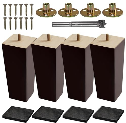 VASGOR Set of 4 Wood Furniture Legs (Drill Bit Included) - Square Sofa Legs, Couch Leg - Brown Mid-Century Modern Replacement Legs for Armchair Recliner Coffee Table Dresser (6)