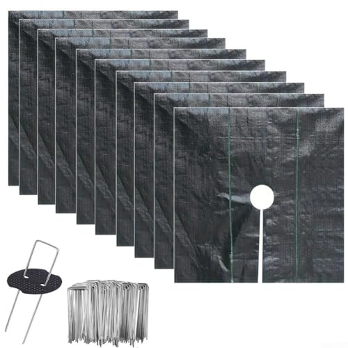 Lot de 10 tapis de paillage de protection de jardin, avec 50 piquets de sol, protection contre les plantes, tapis de disque pour contrôle des mauvaises herbes autour des arbres et parterres(60 cm)
