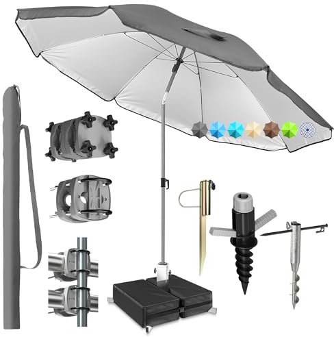 4smile Sonnenschirm-Set für Strand, Balkon und Garten, Anthrazit - UPF 50+ Balkonschirm SunnyJoy, Ø 180 cm Strandschirm windfest stabil - Sicherer Sonnenschutz Strand, Gartenschirm mit Schutzhülle