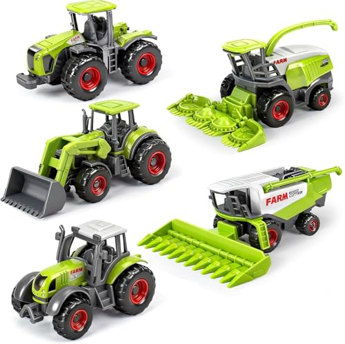 Tcvents Farm Tractor Toys 5Pcs, Plastic & Die Cast Truck Car for Kids Ages 3 4 5 6 7 Year Old Boy Toy, Birthday Gifts Cake Decorations