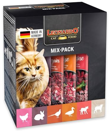 LEONARDO Katzenfutter nass 6x85g Mix-Pack, Finest Selection, Nassfutter ohne Getreide und Zucker für ausgewachsene Katzen mit Huhn, Fasan, Kaninchen, Ente, Kalb & Lamm, Made in Germany