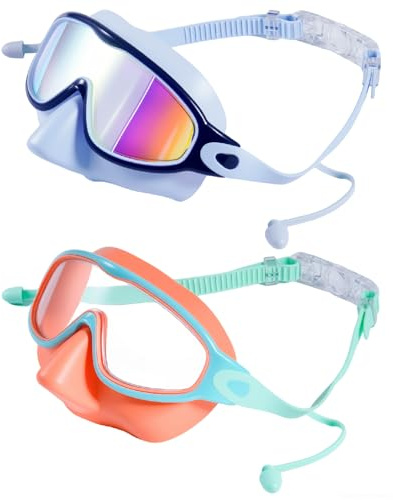 MKEOIEAU 2PCS Kids Swimming Goggles with Nose Cover, Wide View Adjustable Anti-Fog UV Protection Swim Goggle for 3-15 Boys Girls Youth
