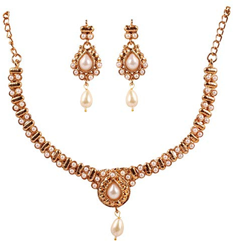 Touchstone Indian Bollywood Traditional Handcrafted Desire Ethnic South India Style Studded Look Faux Pearls Designer Jewelry Necklace Set In Antique Gold Tone For Women.