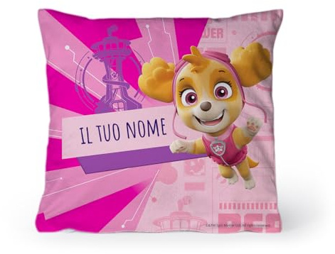 PICANOVA – PAW Patrol Cuscino con Nome 30x30 cm Skye – Cuscino Personalizzato per Bambini – Cuscino Decorativo con Imbottitura e Federa – Cuscino per Bambini con Cane Cartone Animato