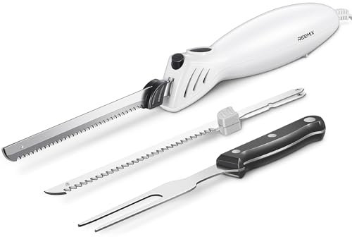 Reemix Electric Carving Knife, Electric Knife Set for Multi-Purpose Use, One Touch Operation, for Carving Meats, Poultry, Bread, 2 Carving Blades Included and 1 Serving Fork (white)
