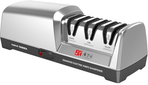TIMERIAL Affilacoltelli elettrico 3 stadi Disco abrasivo diamantato 15° Guida angolare di precisione, per affilare e lucidare coltelli da cucina in acciaio, 120 grana e 600 grana e 1000 grana