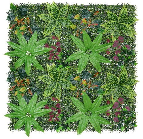 LUWENER 4PCS Artificial Grass Wall 1m x 1m Mixed Fern Grass Wall Panels Greenery Plants Backdrop wall Boxwood Hedge Panels for Fence Privacy Screen (4pcs,50x50cm)