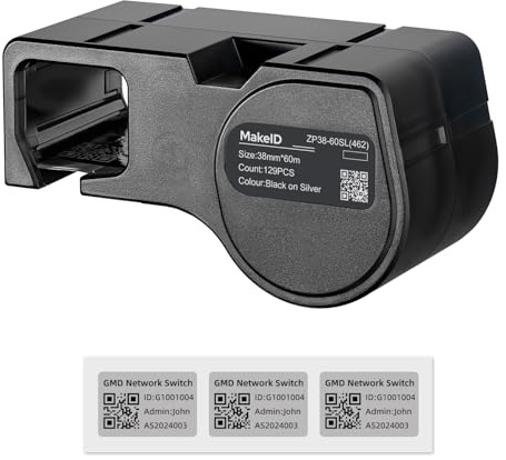 MakeID Etichette PET per Stampante di Etichette Industriale D50 – Nero su Argento, 38 mm x 60 mm (129 pz), uso interno/esterno, sicurezza, tracciabilità beni, etichettatura elettrica