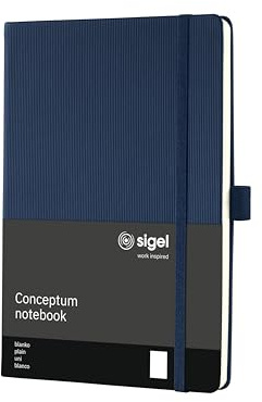 SIGEL CO685 Premium Notizbuch A5 blanko blau, Hardcover, 194 nummerierte Seiten, nachhaltiges Papier, mit Inhaltsverzeichnis, Stiftschlaufe, Falttasche, Gummibandverschluss, Conceptum