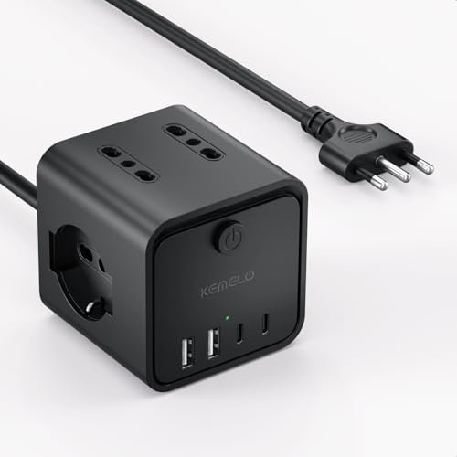 Ciabatta Elettrica Multipresa con 4 Prese Universali 10/16A ITA e Schuko, 2 M Prolunga Elettrica con 2 USB A+2 USB C,Presa Multipla Spina Piatta Salvaspazio con Interruttori per Casa, Ufficio Nero