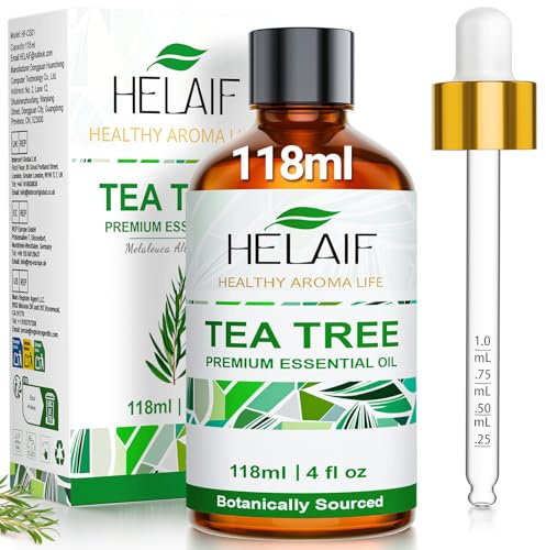 HELAIF Aceite Esencial de Árbol De Té de 118 ml(4OZ) 100% Natural Tea Tree Oil de Apto Para Difusor Alivio Respiratorio Purificación del Aire Cuidado Capilar y Corporal Aromaterapia