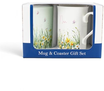 Purely Home Spring Time Daffodils Nan Mug & Coaster Gift Set - Pink Easter Themed Floral Bone China Gift/Present for Her