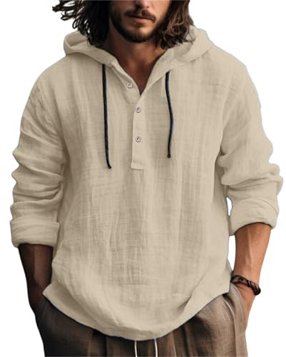 Leinenhemd Herren Baumwolle Leinen Hoodie Einfarbig Hoody Oberteile Knopfleiste Langarm Hemd mit Kapuze Modische Langarmshirt Sommerhemd Shirt Leichte Sommerhemd Bequem Freizeithemden