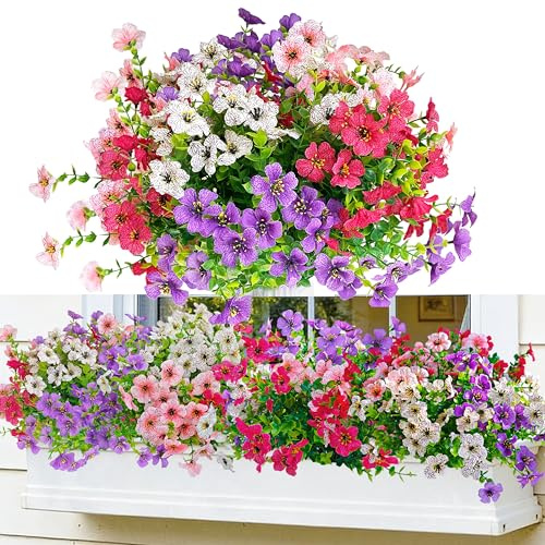 LuckyCao 8 Bundles Artifical Flowers Outdoor,UV Resistant Fake Garden Flowers,Faux Silk Hanging Planter with Foliage for Outside Indoor Balcony Window Boxes Home Decoration