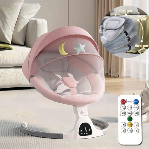 Adjustable Height Baby Swings Bluetooth, 5 Geschwindigkeit Musik-Lautsprecher mit 12 voreingestellten Schlaflieder, Fernbedienung Indoor-Baby-Wippe für 5-20 Monaten Geschenksets für Babys (Pink)