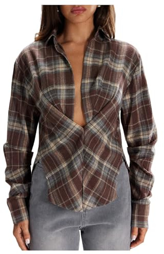 GORGLITTER Women's Cinched Waist Tops Plaid Collared V Neck Long Sleeve Shirt Fitted Checkered Causal Work Blouses Blue and Brown Large